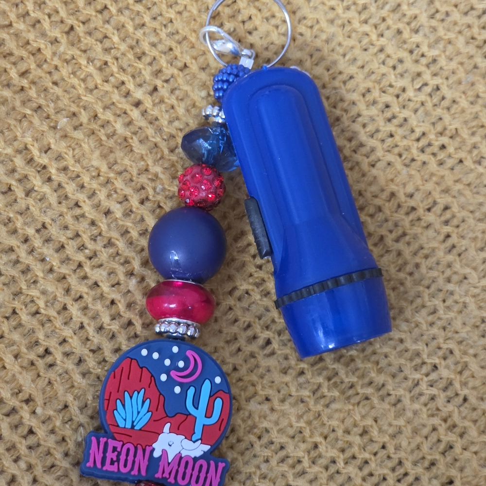 Blue Flashlight Keychain with Beaded Charm
